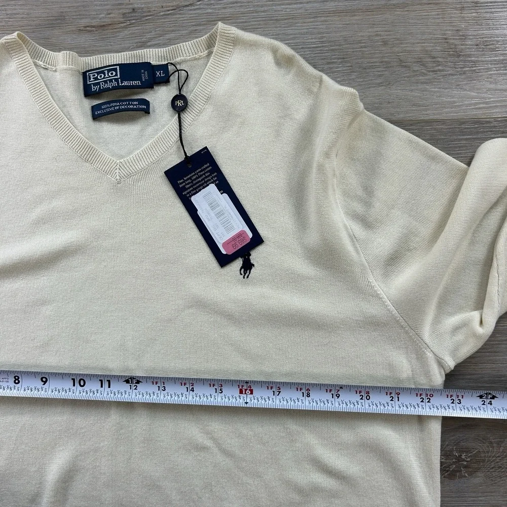 NWT Polo Ralph Lauren Sweater Mens XL Ivory Knit Pima Cotton V-Neck